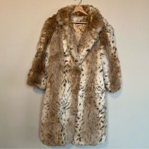 Vintage Vegan Fur Long Coat Animal Print Faux Fur Dress Jacket Mob Wife Medium